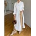 Women Shirt Collared Spliced Buttons Pleated Solid Casual Midi Dresses