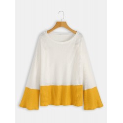 Plus Size Contrast Color One Shoulder Bell Sleeve Knit Sweaters