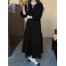 Women Puff Sleeve Pleats Drawstring Ankle Length Solid O  Neck Midi Dresses