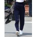 Women Pure Color Elastic Waist Corduroy Side Button Retro Harem Pants