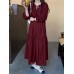 Women Puff Sleeve Pleats Drawstring Ankle Length Solid O  Neck Midi Dresses