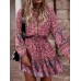 Women Puff Sleeve Floral Printed Lace  Up Button Casual Midi Dresses