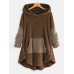 Women Contrast Color Splice Irregular Hem Hooded Fleece Sweatshirt Coats