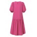 Women Puff Sleeve Calf Length Solid Color Buttons Casual Midi Dresses